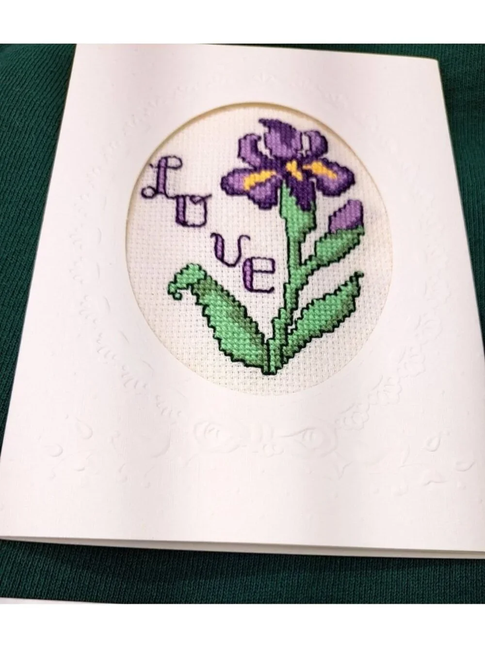 Vintage Handmade Card Counted Cross-Stitch Iris Embossed 2062 Love With Envelope